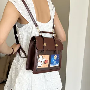 Vintage Damen Rucksack aus braunem Leder mit transparentem PVC-Fach und verstellbaren Gurten