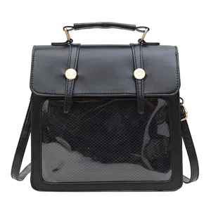 Minimalistischer schwarzer Damen Rucksack mit transparentem PVC Fenster und Gold-Schnalle