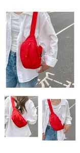 Three views of a red fashion waist bag showing front, side and back on a person