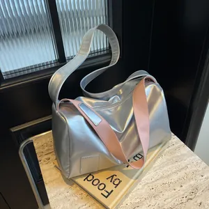 Women Large Capacity PU Leather Pillow Shoulder Bag Fashion Minimalist Crossbody Boston Bag With Contrast Wide Strap