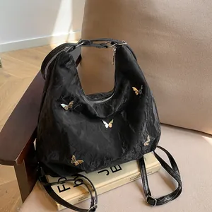 Women Pleated Hobo Shoulder Bag With Metal Butterfly Decor Large Capacity Commuter Tote Bag With Cloud Pendant Casual Fashion Purse