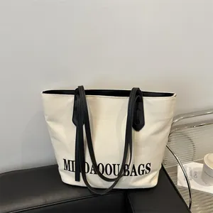 Women's Large Capacity Canvas Tote Bag Minimalist Letter Print Shoulder Bag For College Daily Commuting Casual Handbag