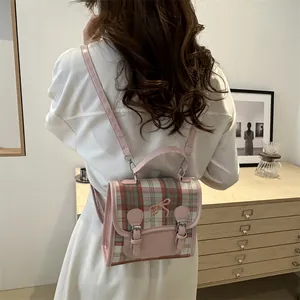 Academy Style Plaid Mini Backpack For Women Sweet Bow Embroidery PU Leather Handbag Fashion Vintage School Travel Bag