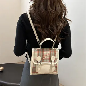 Classic plaid backpack with pink bow embroidery and white leather trim for women