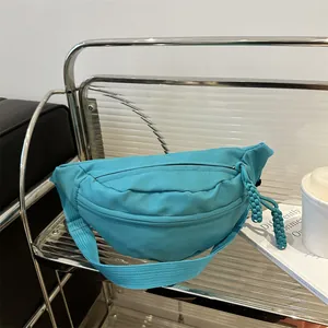 Women Casual Nylon Fanny Pack Lightweight Chest Bag With Braided Rope Puller Minimalist Crossbody Waist Bag For Outdoor Travel