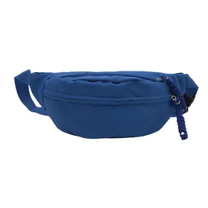 Navy blue nylon sports waist bag with woven rope zipper and adjustable strap