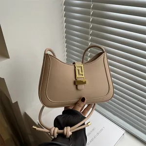 Women Crescent Underarm Bag PU Leather Shoulder Bag With Gold Geometric Buckle Knot Strap Fashion Personalized Handheld Bag