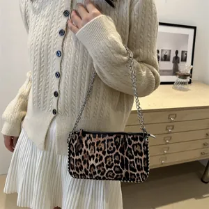 French style leopard print shoulder bag with silver studs and chain strap