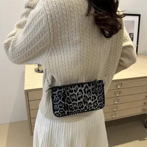 French leopard print crossbody bag with silver chain and metal bead trim decor