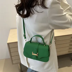 French vintage small green crossbody bag with litchi texture and gold H buckle
