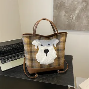 Cute Plaid Tote Bag For Women Fashion Cartoon Animal Embroidery Patchwork Shoulder Handbag Daily Commuting Bag