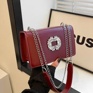 Sac à Bandoulière Femme Boucle en Strass Cuir PU Chaîne Petit Sac Carré Mode Soirée Sac à Main