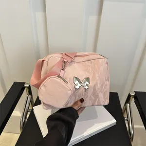 Women Pleated Texture Crossbody Bag Set Butterfly Metal Decor Nylon Shoulder Bag With Mini Round Pouch Fashion Bag