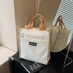 Casual Nylon Tote Bag With Contrast Color Handle Large Capacity Zipper Lunch Bag Student Office Handbag Fashion Patch