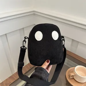 Borsa a Tracolla Piccola Rotonda in Velluto a Coste con Occhi di Cartone Animato per Donna Mini Borsa a Spalla Casual Moda
