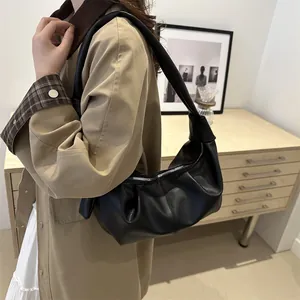 Chic black litchi pattern leather underarm bag with cloud-like pleated design for women