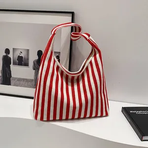Sac à bandoulière en toile rayé rouge et blanc minimaliste avec grande capacité