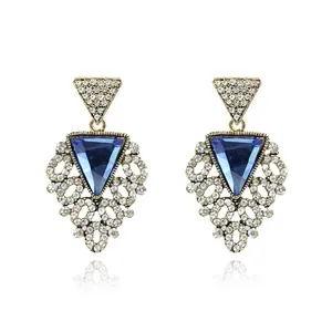 Bohemian fan-shaped earrings with blue center stone and white rhinestones in antique gold
