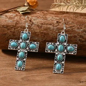 Vintage böhmische Silber Kreuz-Ohrringe mit Türkis-Inlay und verzierter Filigran-Gravur