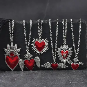 Gothic Vintage Red Heart Pendant Necklace For Women Antique Silver Wings Crown Sacred Heart Punk Jewelry Halloween Gift