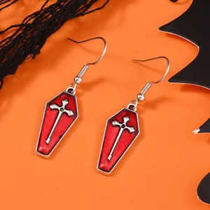 Gothic Sargin-Ohrringe mit roter Emaille und Silberkreuz auf orangefarbenem Dekor