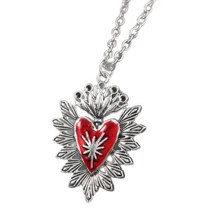 Gothic vintage silver alloy necklace with red sacred heart and crown pendant