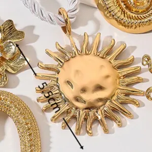 5.5cm large sun pendant necklace with hammered gold texture and white braided rope cord