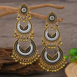 Böhmische Vintage-Glockenohrringe mit goldenen Halbmondmotiven und Emaille-Verzierung