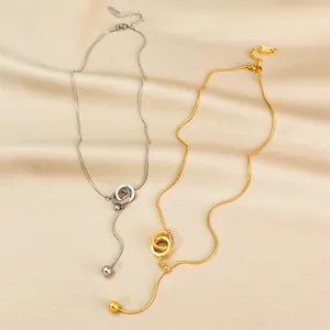 Minimalist Stainless Steel Interlocking Double Ring Pendant Necklace For Women Adjustable Snake Chain Tassel Drop Necklace Jewelry