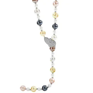 Elegant multi-colored pearl necklace featuring a diamond-studded silver feather pendant