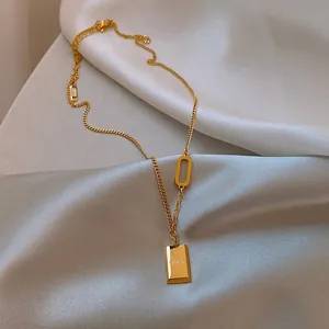 Collier Pendentif Lingot d'Or Rectangulaire en Acier Inoxydable Plaqué Or Chaîne Trombone Minimaliste pour Bijoux de Mode Femme