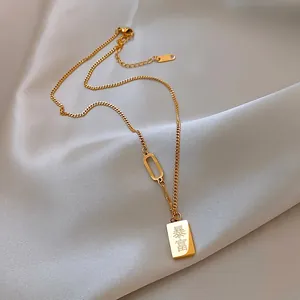 Collier en acier inoxydable doré avec pendentif lingot et texte porte-bonheur chinois