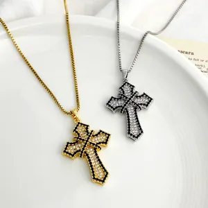 Exquisite black cross pendant necklace with zircon inlays in gold and silver finishes