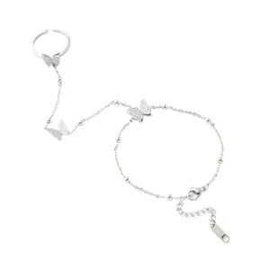 Silver butterfly butterfly bracelet with integrated open ring and beaded chain for women