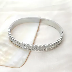 Polished silver titanium steel bangle with double row studs and pavé crystal inlay