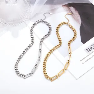 Spliced cuban and rectangle link chain necklace in gold and silver stainless steel