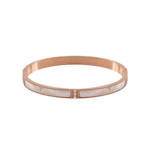 Rose gold titanium steel bracelet with three diamonds and white mother of pearl inlay
