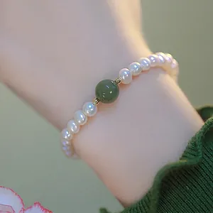 Elegant Kunstparelarmband Voor Vrouwen Met Groene Aventurijn Steen Vintage Wit Rond Kunstparelarmband Goud Sluiting Sieraden Cadeau