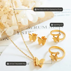 Macro detail of butterfly jewelry set showing adjustable rings and 43cm necklace length