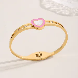 Bracelet Jonc Cœur en Acier Inoxydable et Nacre pour Femme Luxe Incrusté de Zircone Or Rose Argent Bijoux
