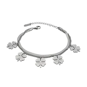 Double-layered silver stainless steel bracelet featuring five clover pendants on white background