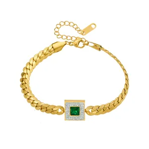 Gold-plated titanium steel bracelet with green emerald pendant and cubic zirconia