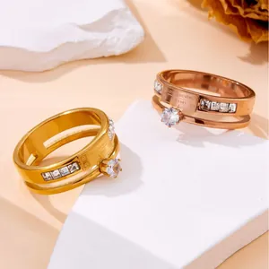 Titanium steel ring set in gold and rose gold with zircon stones and Love Forever engraving
