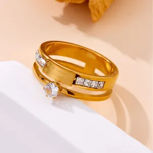 Elegant gold titanium steel double layer ring with zircon and Love Forever engraving