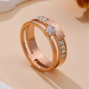 Rose gold double-layer titanium ring with cubic zirconia and Love Forever engraving