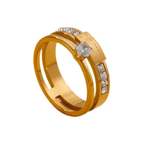 Golden double-layer titanium steel ring with Love Forever engraving and sparkling zircon pavé