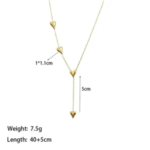 Detailed dimension guide for gold titanium heart tassel Y-necklace with measurements