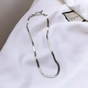 Polished silver stainless steel herringbone flat snake chain necklace with lobster clasp