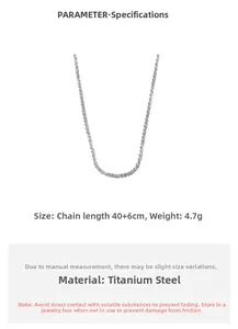 Détail du collier en acier titane montrant la longueur 40+6cm et le poids de 4,7g spécifié