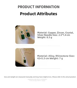 Detail showing vintage emerald crystal drop earrings and necklace set with dimensions